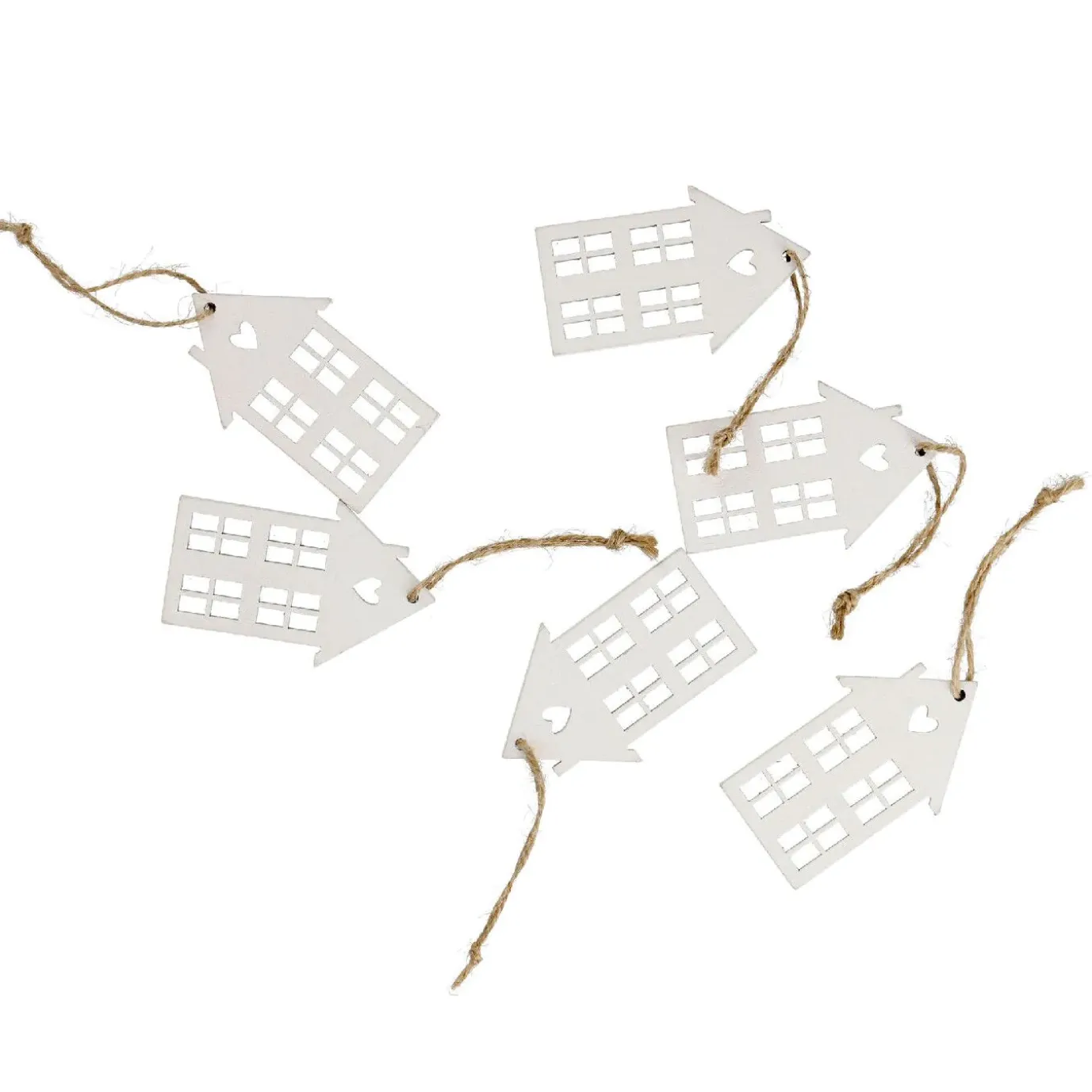 6er Set Anhänger Holz, Haus, Weiß