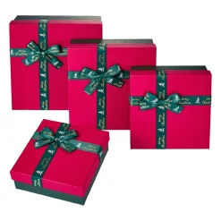 4er Set Geschenkkarton Schleife, Dunkelgrün/rot