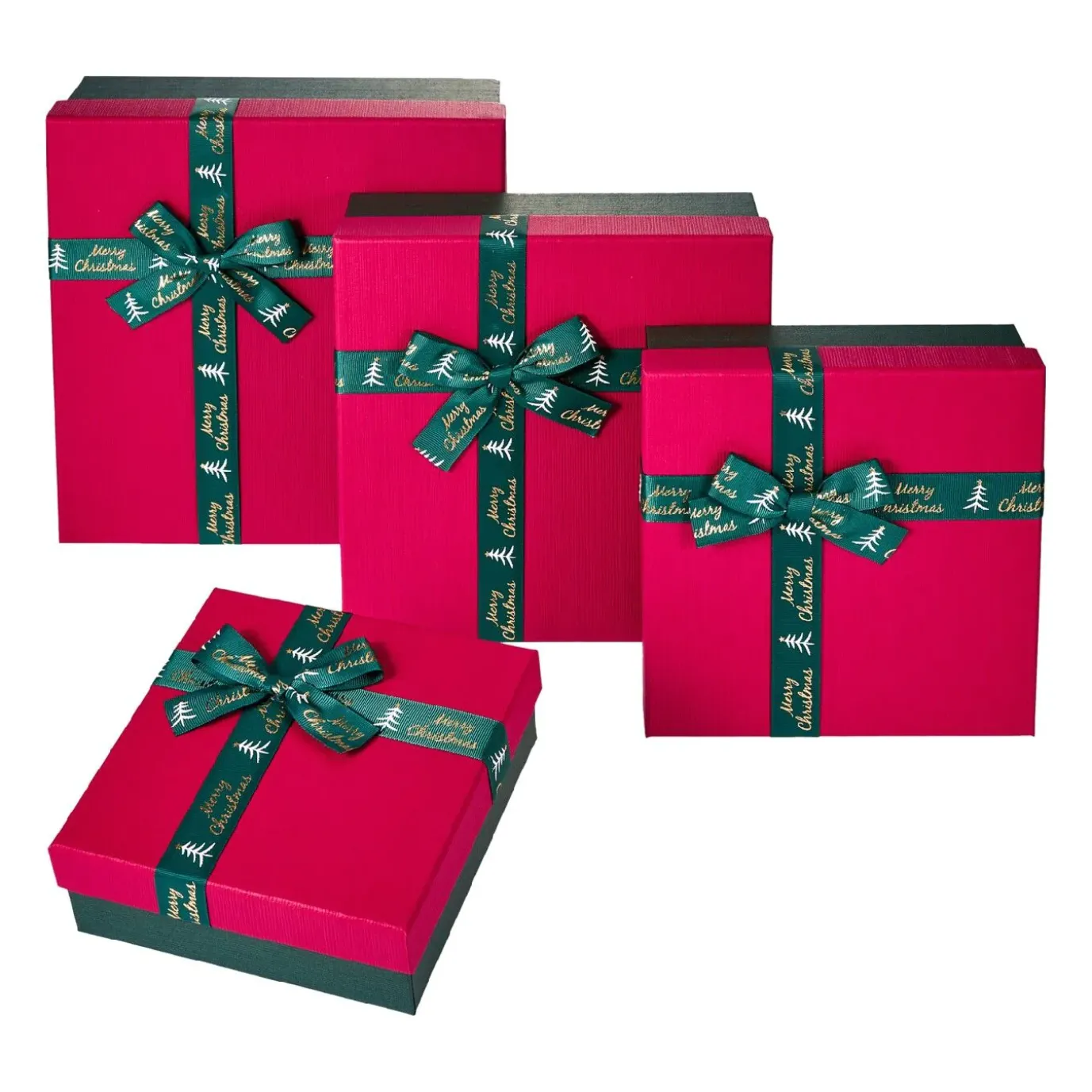 4er Set Geschenkkarton Schleife, Dunkelgrün/rot