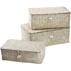 3er Set Korb Mit Deckel, Natur/weiß