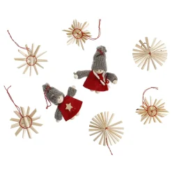16er Set Strohanhänger Mädchen/Sterne, Rot/grau