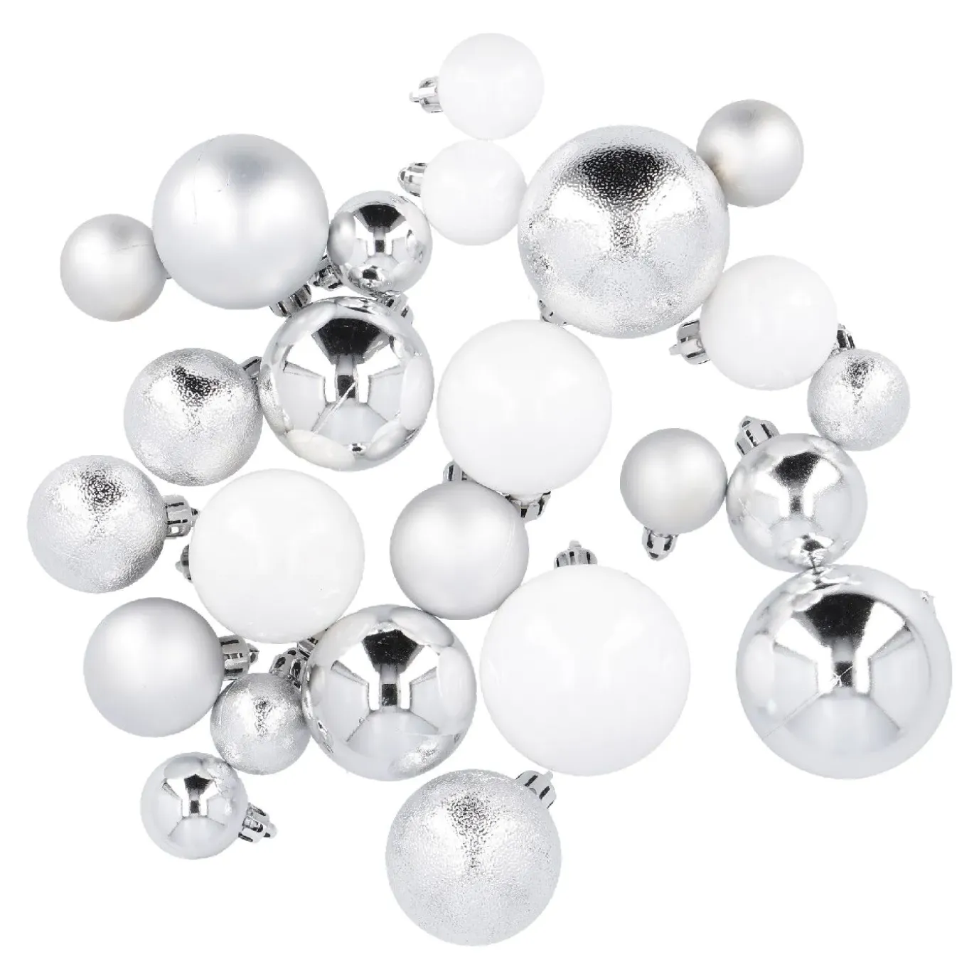 24er Weihnachtskugeln Mix, Silber/weiß