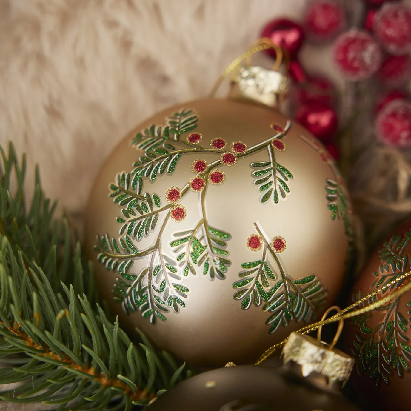 Glaskugel Vintage, Ilex/champagner/matt, 8 Cm