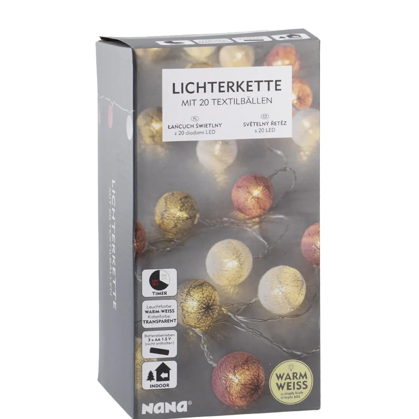 Lichterkette Textilball, Weiß/grau/pink, 20 LED's